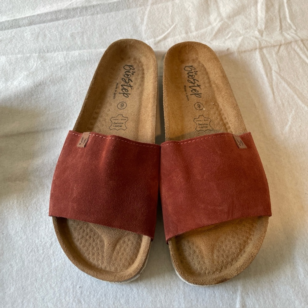 Biostep Suede Leather Slide Sandals Sz 9 Rust Red Slip On Comfort Made Spain
